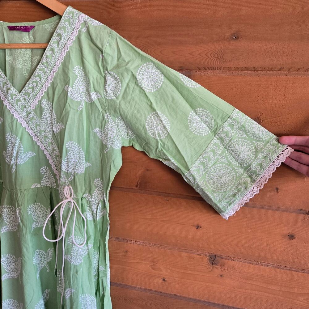 Libas Khari Angrakha Dress Kurta Green Cotton Paisley XXL Vneck Midi Lace Trim - Picture 5 of 5